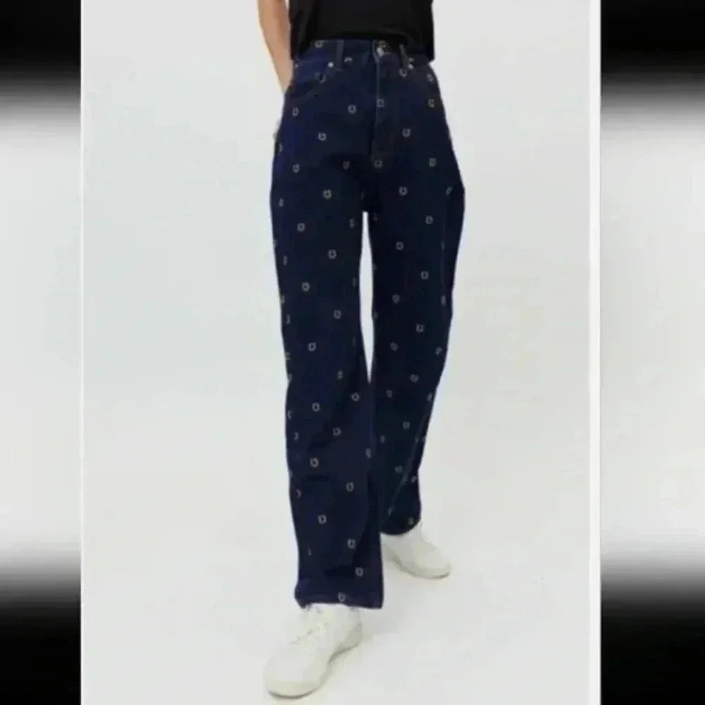 BDG Cotton Cowboy Jean Hi-Rise Embroidered Horseshoes Straight Leg Size 28